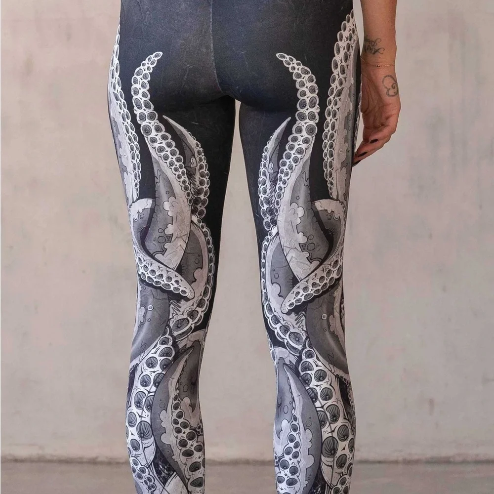 Octopus Tentacle Print Yoga Leggings - Black and Gray